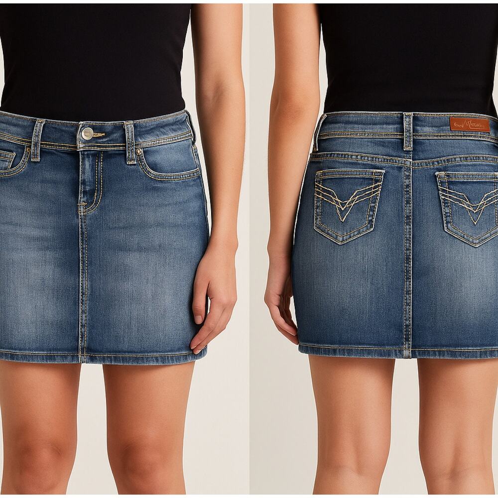 Vigoss Denim Mini Skirt Women’s Size 9 Medium Wash Contrast Stitching Distressed